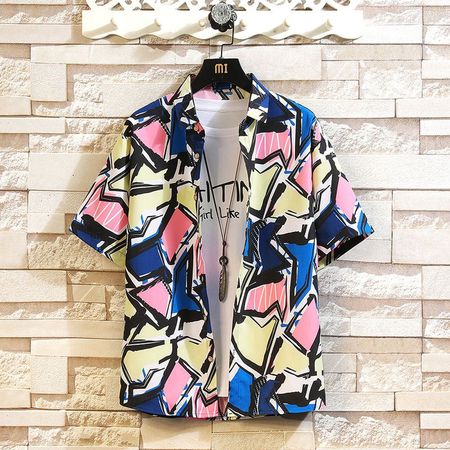 Men's Summer Color Matching Printed Fashion Style Short-Sleeved Shirt